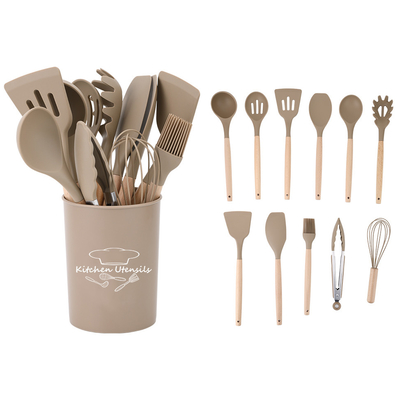 11Pcs ξύλινο χερούλι σιλικόνης εργαλεία κουζίνας για 210 βαθμούς υψηλής θερμοκρασίας μαγείρεμα
