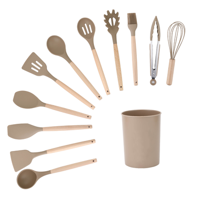 11Pcs ξύλινο χερούλι σιλικόνης εργαλεία κουζίνας για 210 βαθμούς υψηλής θερμοκρασίας μαγείρεμα