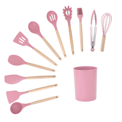 11Pcs ξύλινο χερούλι σιλικόνης εργαλεία κουζίνας για 210 βαθμούς υψηλής θερμοκρασίας μαγείρεμα