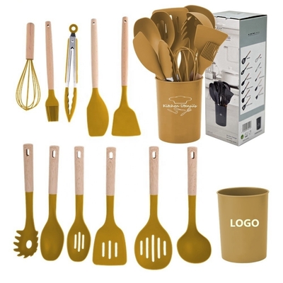 Μη κολλητά εργαλεία μαγειρικής 12pcs Σίλικον Εργαλεία κουζίνας σετ με κουβά και ξύλινο χερούλι