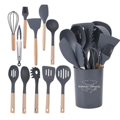 Μη κολλητά εργαλεία μαγειρικής 12pcs Σίλικον Εργαλεία κουζίνας σετ με κουβά και ξύλινο χερούλι