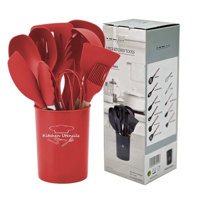 Μη κολλητά εργαλεία μαγειρικής 12pcs Σίλικον Εργαλεία κουζίνας σετ με κουβά και ξύλινο χερούλι