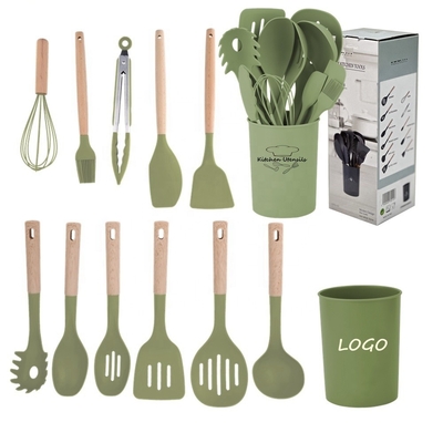 Μη κολλητά εργαλεία μαγειρικής 12pcs Σίλικον Εργαλεία κουζίνας σετ με κουβά και ξύλινο χερούλι
